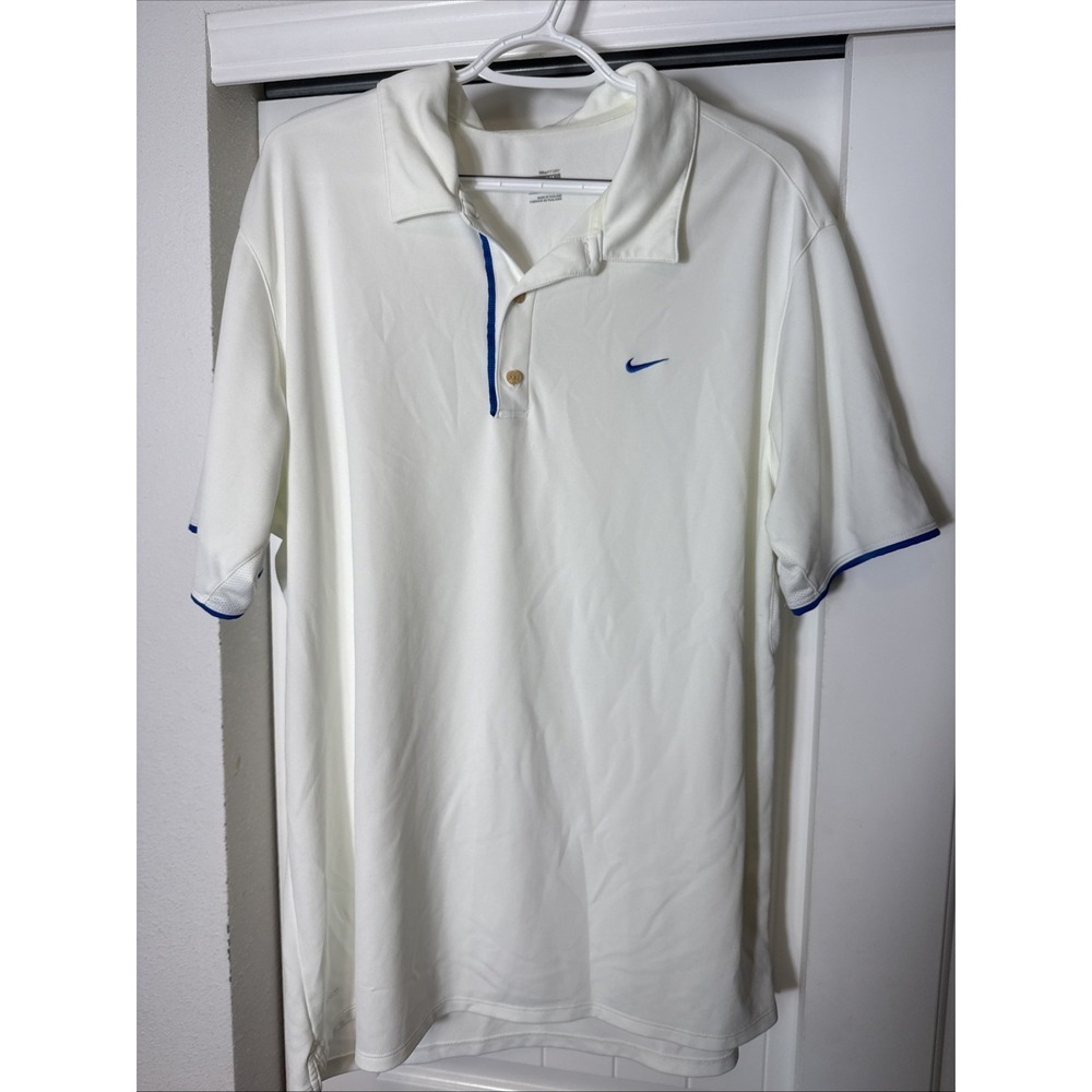 Nike FIT DRY Men's Polo Golf Shirt White w/ Blue. XL Performance Golf Casual EUC
